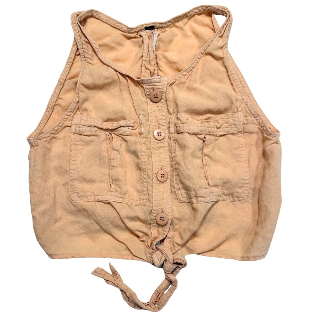 Free People Women’s Linen Crop Tie Top, Peach, XS